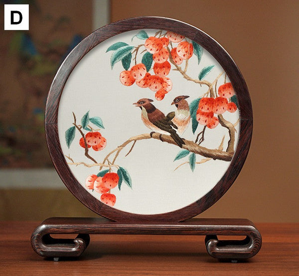 Silk Embroidered Ornament, Premium Souvenir, Exclusive Business Presents, Creative Birthday Gift, Traditional Chinese Suzhou Flower and Birds Embroidery Ornaments-LargePaintingArt.com