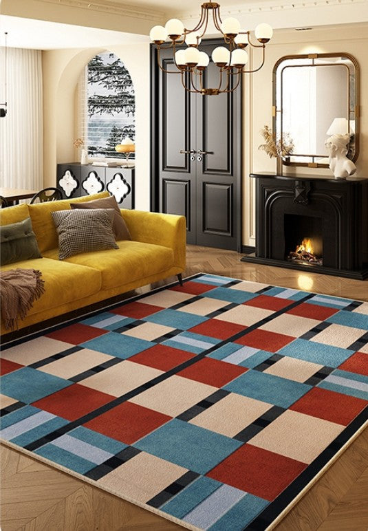 Large Geometric Floor Carpets, Blue Modern Area Rugs under Dining Room Table, Modern Living Room Area Rugs, Mid Century Modern Rugs-LargePaintingArt.com
