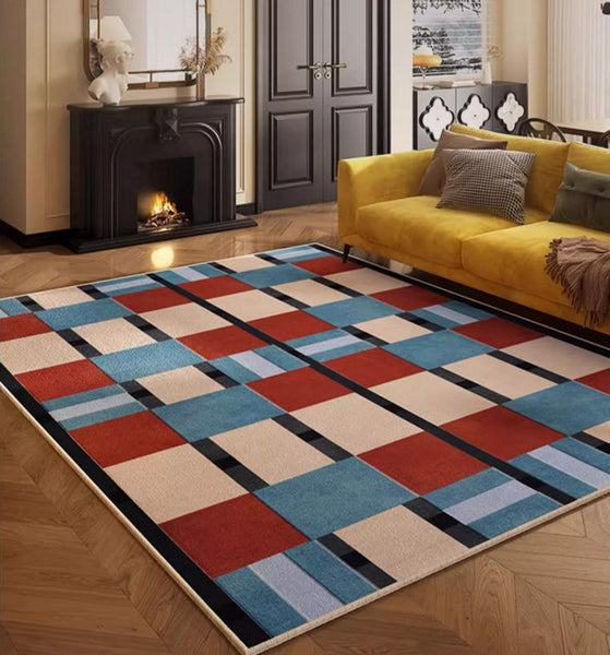Large Geometric Floor Carpets, Blue Modern Area Rugs under Dining Room Table, Modern Living Room Area Rugs, Mid Century Modern Rugs-LargePaintingArt.com