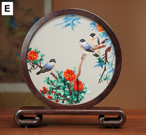 Silk Embroidered Ornament, Premium Souvenir, Exclusive Business Presents, Creative Birthday Gift, Traditional Chinese Suzhou Flower and Birds Embroidery Ornaments-LargePaintingArt.com