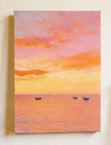 Original Oil Paintings, Hand Painted Canvas Artwork, Sunset Sail on the Horizon, Original Seascape Paintings, Buy Small Paintings Online-LargePaintingArt.com