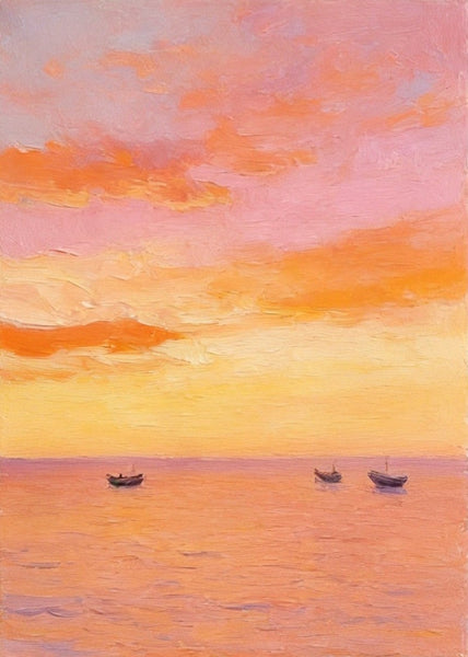 Original Oil Paintings, Hand Painted Canvas Artwork, Sunset Sail on the Horizon, Original Seascape Paintings, Buy Small Paintings Online-LargePaintingArt.com