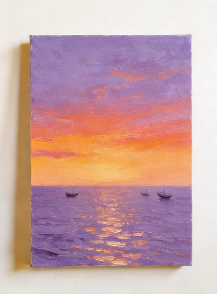 Original Seascape Paintings, Hand Painted Canvas Art, Sunset Sail on the Horizon, Original Oil Paintings, Buy Small Paintings Online, Small Canvas Artwork-LargePaintingArt.com