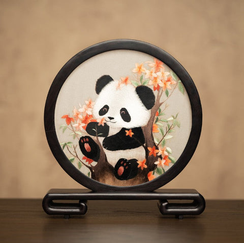 Exclusive Business Present Panda Embroidered Decor, Traditional Chinese Suzhou Embroidery Ornament, Premium Souvenir, Unique Birthday Gift-LargePaintingArt.com