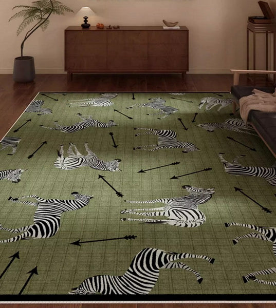 Large Contemporary Floor Carpets, Living Room Modern Area Rugs, Mid Century Zebra Green Rugs in Bedroom, Dining Room Modern Rugs-LargePaintingArt.com
