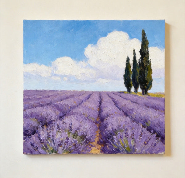Small Canvas Artwork, Cypress by the Lavender Field, Hand Painted Canvas Art, Original Landscape Paintings, Original Oil Paintings, Buy Small Paintings Online-LargePaintingArt.com