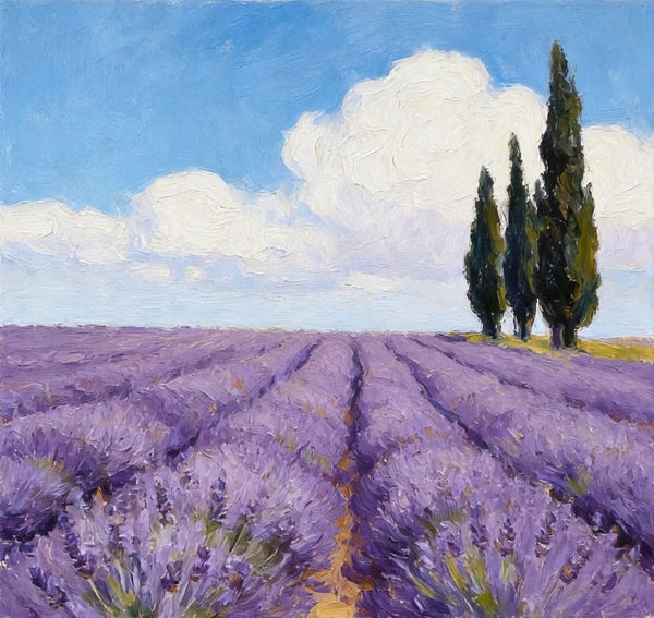 Small Canvas Artwork, Cypress by the Lavender Field, Hand Painted Canvas Art, Original Landscape Paintings, Original Oil Paintings, Buy Small Paintings Online-LargePaintingArt.com