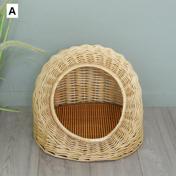 Hand woven Rattan Cat Bed, Natural Wicker Cat House Basket with Washable Cushion for Indoor Cats and Dogs-LargePaintingArt.com
