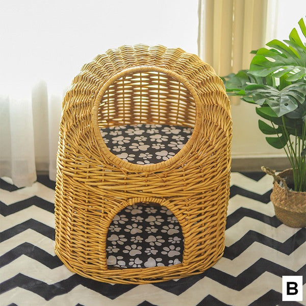 Large Double-Layer Cat Bed, Wicker Cat House Basket with Washable Cushion for Indoor Cats and Dogs-LargePaintingArt.com