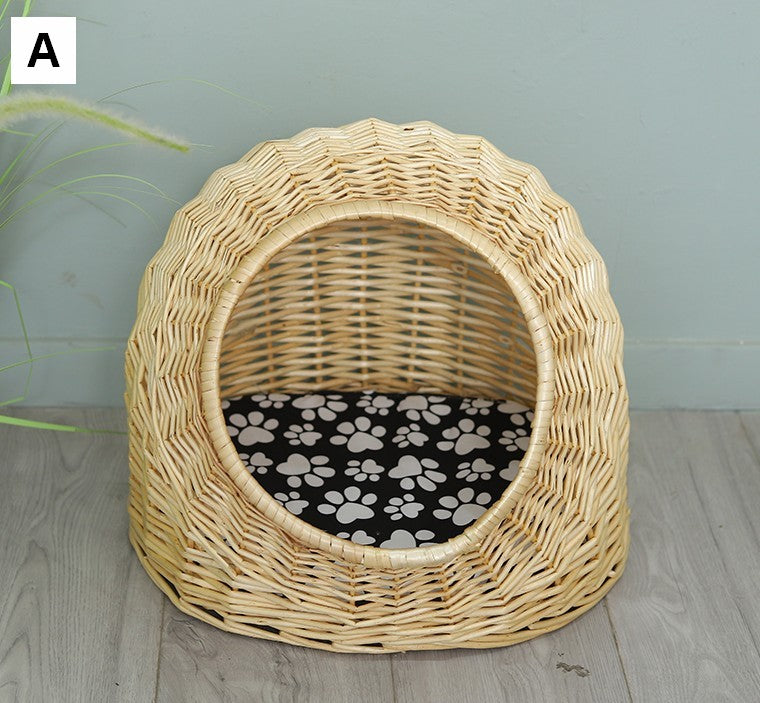 Hand woven Rattan Cat Bed, Natural Wicker Cat House Basket with Washable Cushion for Indoor Cats and Dogs-LargePaintingArt.com