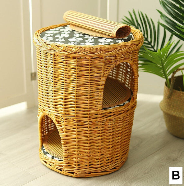 Large Cat House Basket with Washable Cushion for Indoor Cats and Dogs, Triple-Layer Cat Bed-LargePaintingArt.com