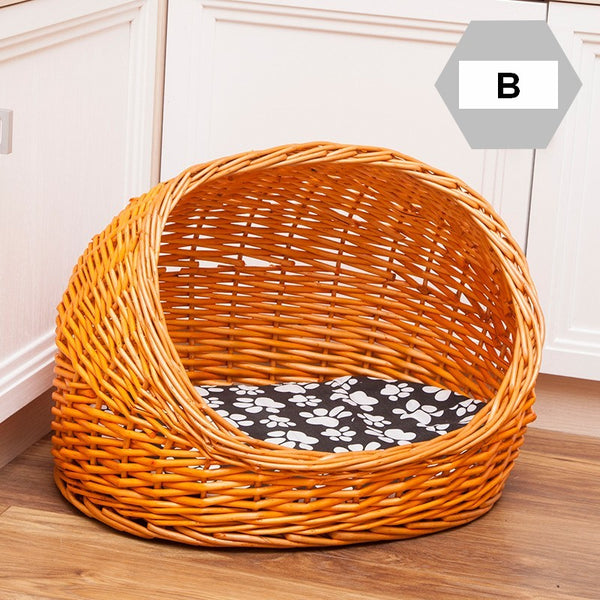 Natural Wicker Cat House Basket with Washable Cushion for Indoor Cats and Dogs, Hand woven Rattan Cat Bed-LargePaintingArt.com