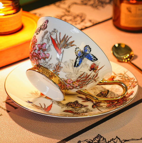 British Traditional Afternoon Tea Cup and Saucer Set, Ceramic Coffee Cups in Gift Box, Butterfly Pattern Porcelain Tea Cup and Saucer Set-LargePaintingArt.com