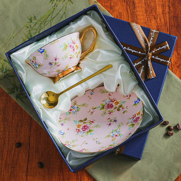 Traditional English Tea Cup and Saucer Set, Ceramic Coffee Cup with Saucer, Floral Porcelain Tea Cup and Saucer Set, Afternoon British Tea Cup with Saucer-LargePaintingArt.com
