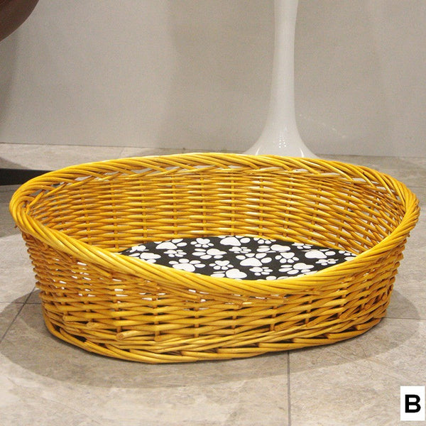 Natural Wicker Dog Bed with Washable Cushion for Indoor Cats and Dogs, Hand woven Rattan Cat Beds-LargePaintingArt.com