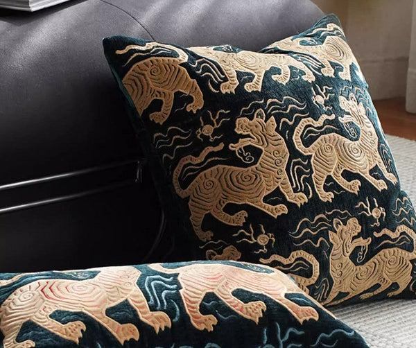 Embroidery Tiger Pattern Pillows for Couch, Contemporary Modern Sofa Pillows, Decorative Throw Pillows for Bedroom, Large Modern Sofa Pillow for Living Room-LargePaintingArt.com