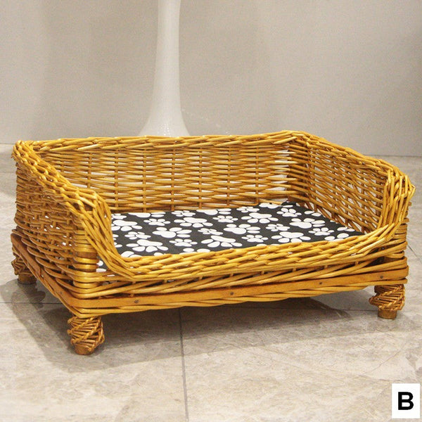 Large Natural Wicker Dog Bed with Washable Cushion for Indoor Cats and Dogs, Hand Woven Rattan Cat Beds-LargePaintingArt.com