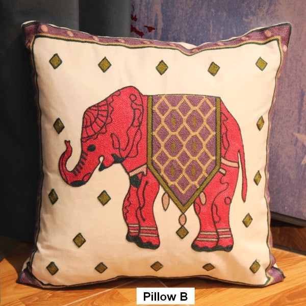 Elephant Embroider Cotton Pillow Covers, Farmhouse Decorative Sofa Pillows, Cotton Decorative Pillows, Decorative Throw Pillows for Couch-LargePaintingArt.com