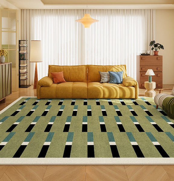 Mid Century Modern Rugs, Green Geometric Contemporary Rugs, Modern Living Room Rug Ideas, Colorful Area Rugs for Dining Room-LargePaintingArt.com