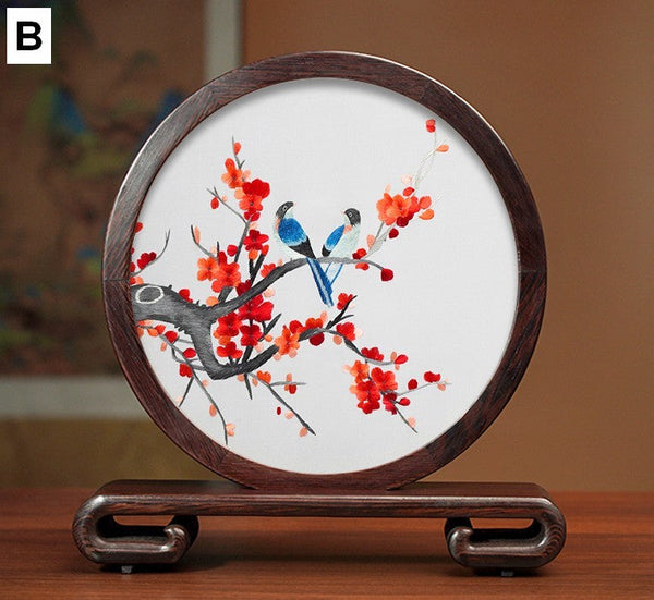 Unique Birthday Gift, Flower and Bird Embroidery Ornaments, Traditional Chinese Suzhou Silk Embroidered Ornament, Premium Souvenir, Exclusive Business Presents-LargePaintingArt.com