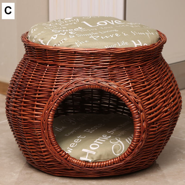 Wicker Cat House Basket with Washable Cushion for Indoor Cats and Dogs, Rattan Cat Bed-LargePaintingArt.com