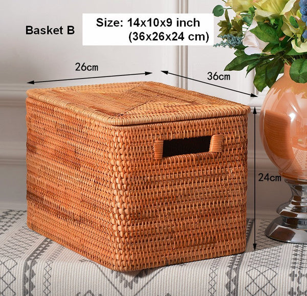 Square Storage Basket with Lid, Extra Large Storage Baskets for Clothes, Rattan Storage Basket for Shelves, Oversized Storage Baskets for Kitchen-LargePaintingArt.com