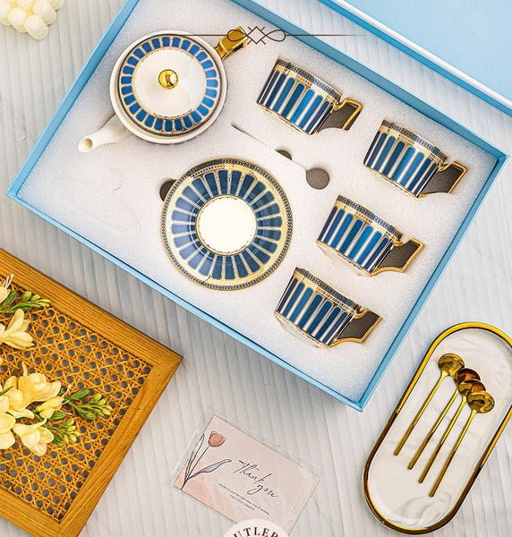 Porcelain Tea Cup and Saucer Set of 4 cups, British Tea Cup Set, 7.4 oz Blue Ceramic Tea Cup and Saucer Set with Teapot, Modern Blue Coffee Cup with Saucer-LargePaintingArt.com