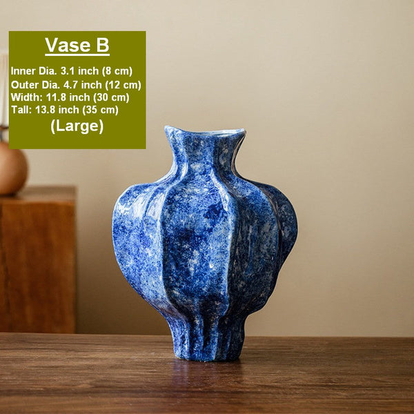 Modern Pottery Flower Vases, Handmade Water Holding Flower Vases, Centerpiece on Dining Table, Blue Ceramic Bud Vases, Tall Flower Vases on Table-LargePaintingArt.com