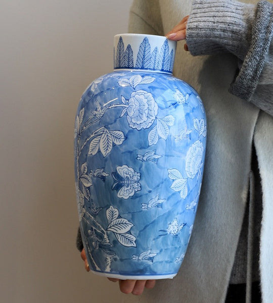 Centerpiece Ceramic Bouquet Vases, Handmade Modern Flower Vase, Large Flower Vases on Dining Table, Blue Porcelain Flower Vases-LargePaintingArt.com
