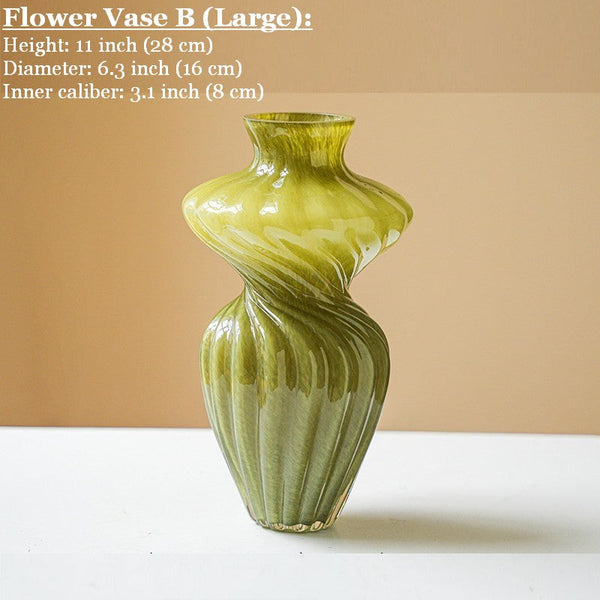 Handmade Contemporary Glass Vases, Modern Green Vases for Living Room, Mid Century Vases for Flowers, Unique Decorative Glass Vase, Centerpiece Vases on Table-LargePaintingArt.com