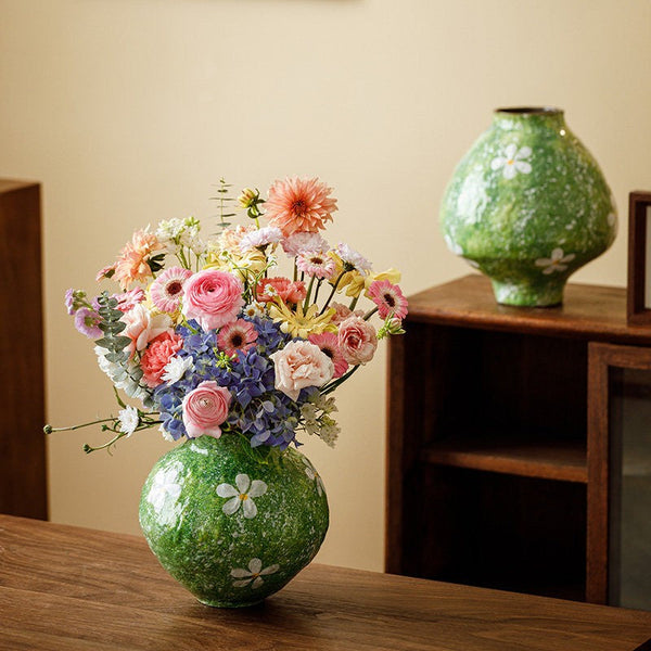 Modern Pottery Flower Vases, Centerpiece on Dining Table, Handmade Water Holding Flower Vases, Pottery Bud Vases, Large Green Flower Vases on Table-LargePaintingArt.com