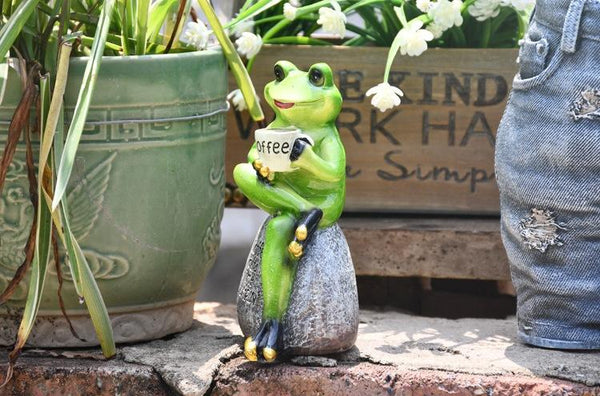 Frog Drinking Coffee Statue for Garden, Animal Statue for Garden Courtyard Ornament, Villa Outdoor Decor Gardening Ideas-LargePaintingArt.com