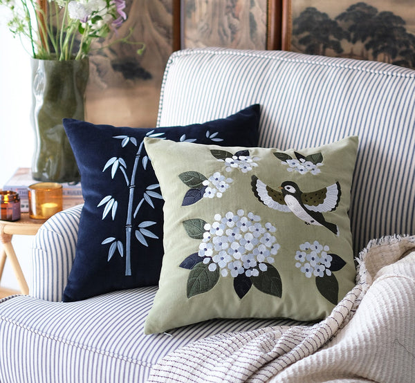 Living Room Decorative Pillows, Embroidered Swallow Birds Cushion, Large Decorative Pillows for Couch, Modern Throw Pillows for Bedroom, Decorative Pillow Arrangement Ideas for Couch-LargePaintingArt.com