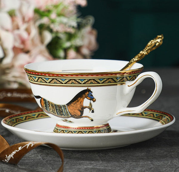 Porcelain Tea Cup and Saucer Set, 7.4 oz British Horse Pattern Coffee Cup with Saucer, Ceramic Tea Cup and Saucer in Gift Box-LargePaintingArt.com