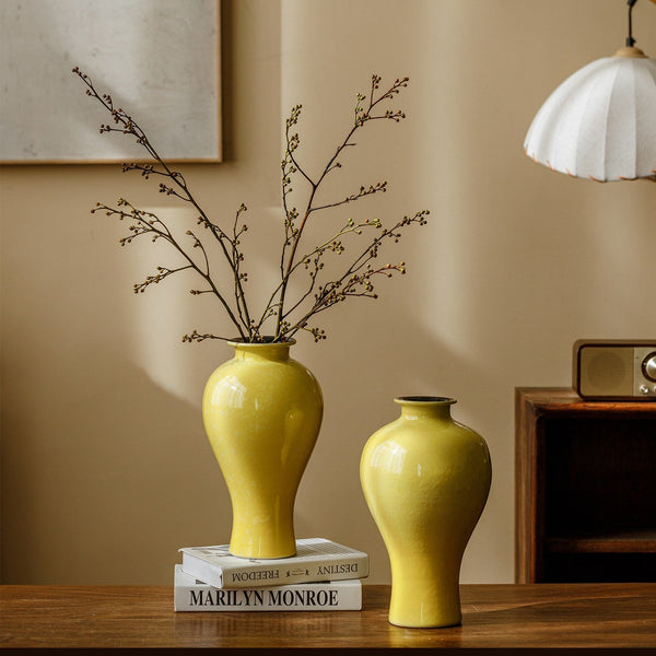 Handmade Water Holding Flower Vase, Yellow Flower Vases on Table, Ceramic Bud Vases, Porcelain Flower Vases-LargePaintingArt.com