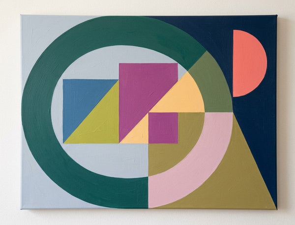 Abstract Contemporary Wall Art, Green, Blue, Purple Color, Geometric Pattern Abtract Art for Mid-Century Modern Living Room-LargePaintingArt.com