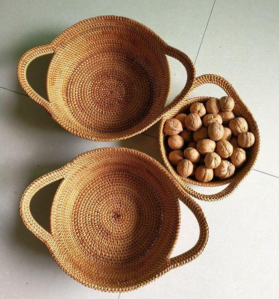 Woven Round Storage Basket, Storage Baskets for Kitchen, Rattan Storage Basket with Handle, Storage Basket for Dining Room, Set of 3-LargePaintingArt.com