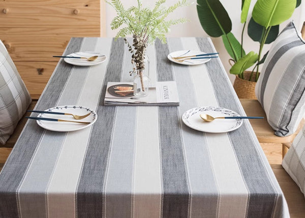 Gray Stripe Rectangular Tablecloth for Oval Table, Rectangular Table Covers for Coffee Table, Modern Table Cloths for Dining Room, Cotton and Linen Tablecloths-LargePaintingArt.com