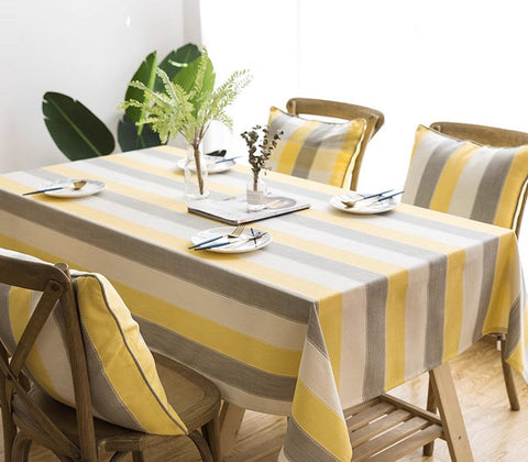 Yellow Stripe Cotton and Linen Tablecloths, Rectangular Tablecloth for Oval Table, Kitchen Rectangular Table Covers, Modern Table Cloths for Dining Room-LargePaintingArt.com