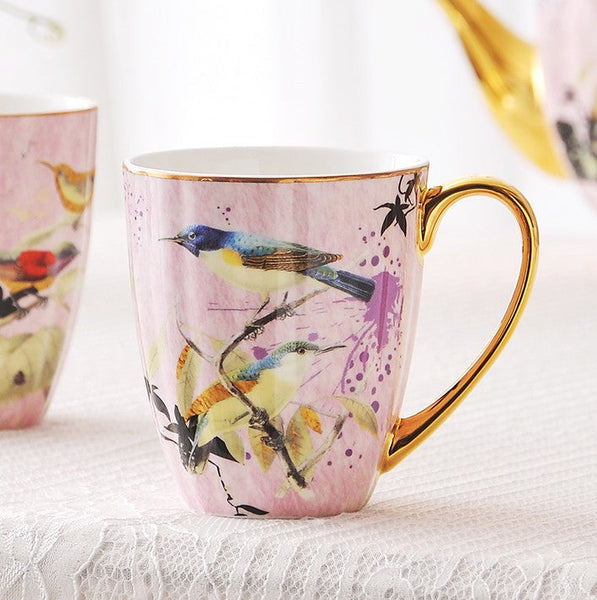 Elegant Pink Ceramic Coffee Mug, Beautiful Bird Flower Ceramic Mug, Large Creative Porcelain Mug, Large Capacity Ceramic Mugs for Office-LargePaintingArt.com