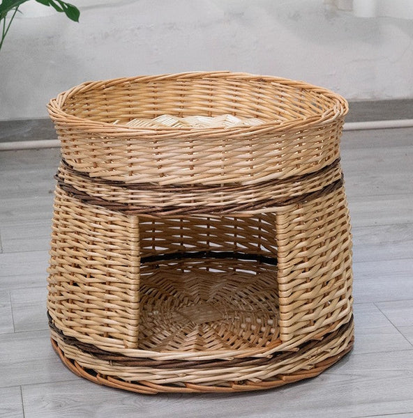 Large Double-Layer Cat Bed, Wicker Cat House Basket with Washable Cushion for Indoor Cats and Dogs-LargePaintingArt.com