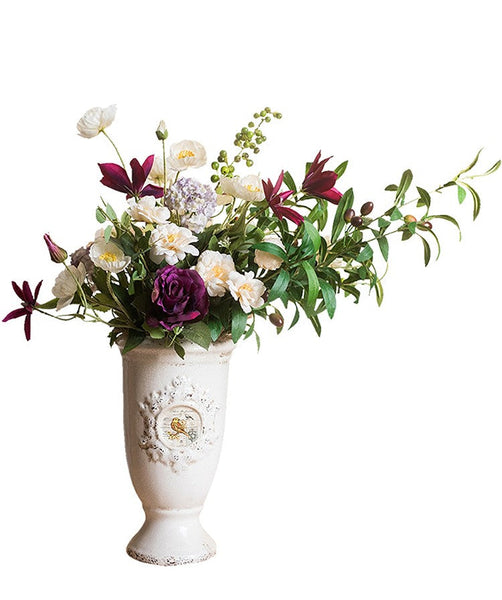 Clematis, Olive Branch, Sweet Alyssum, Corn poppy, Cranberry, Iceberg Rose Flowers, Unique Flower Arrangement for Home Decoration, Beautiful Artificial Flowers for Living Room-LargePaintingArt.com