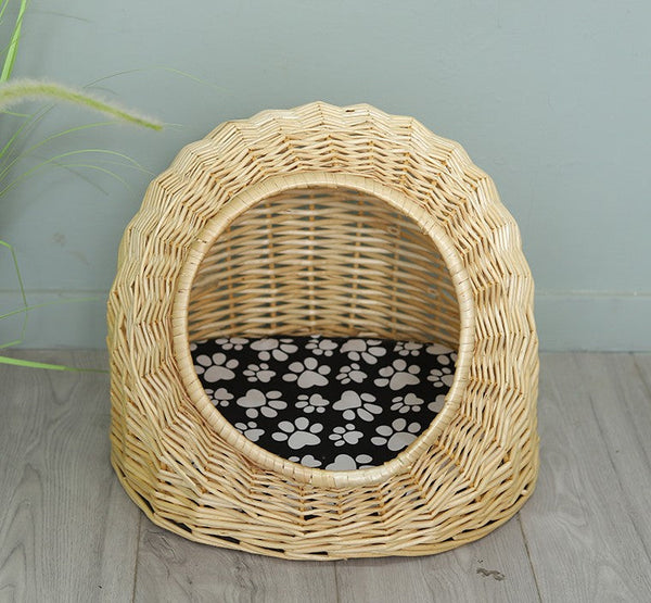 Natural Wicker Cat House Basket with Washable Cushion for Indoor Cats and Dogs, Rattan Cat Bed-LargePaintingArt.com