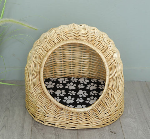 Natural Wicker Cat House Basket with Washable Cushion for Indoor Cats and Dogs, Rattan Cat Bed