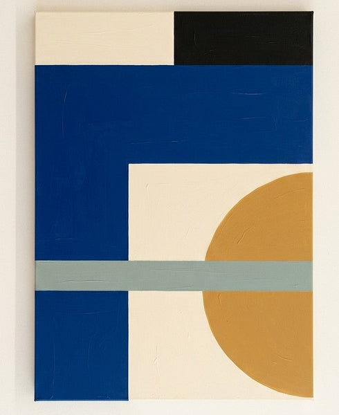 Abstract Art for Mid-Century Contemporary Living Room, Simple Modern Wall Art, Blue, Yellow, Cream Color Geometric Pattern-LargePaintingArt.com