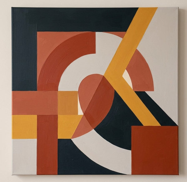 Acrylic Contemporary Wall Art, Terracotta, Charcoal Black, Yellow Color, Geometric Pattern Abstract Paintings for Modernism Decor-LargePaintingArt.com