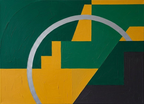 Acrylic Abstract Paintings, Emerald Green, Mustard Yellow Colors, Geometric Pattern Abtract Artwork, Original Contemporary Canvas Wall Art-LargePaintingArt.com