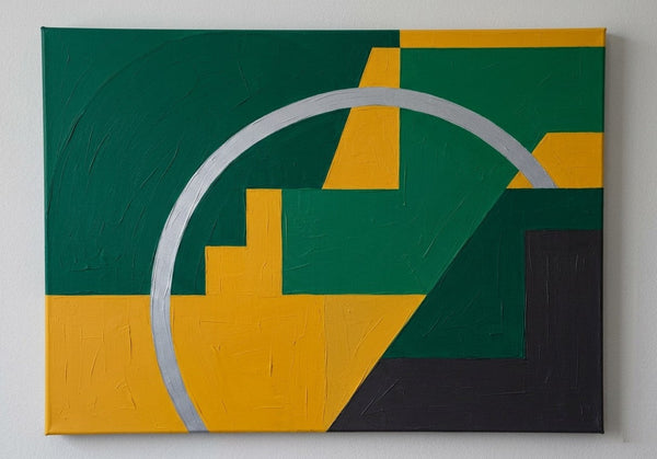 Acrylic Abstract Paintings, Emerald Green, Mustard Yellow Colors, Geometric Pattern Abtract Artwork, Original Contemporary Canvas Wall Art-LargePaintingArt.com
