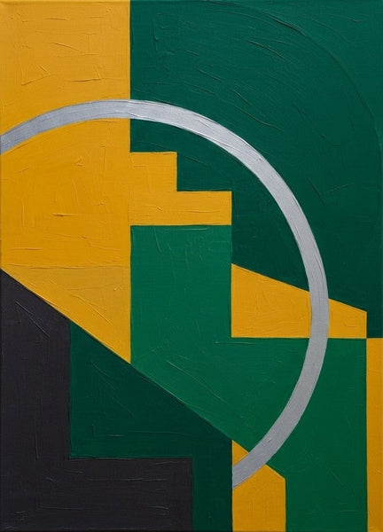 Acrylic Abstract Paintings, Emerald Green, Mustard Yellow Colors, Geometric Pattern Abtract Artwork, Original Contemporary Canvas Wall Art-LargePaintingArt.com