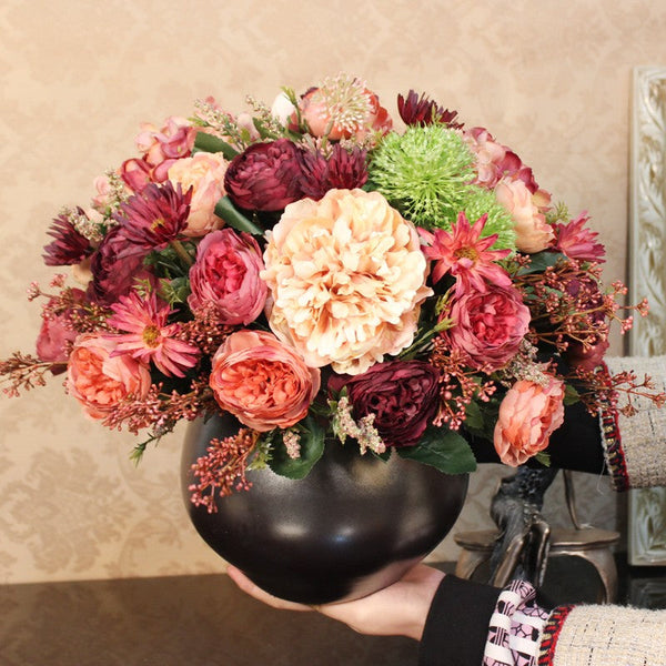 Amazing Artificial Floral Arrangement for Dining Room, Large Bunch of Autumn Flowers Arrangement, Peony Faux Silk Floral Bouquet Table Centerpiece-LargePaintingArt.com
